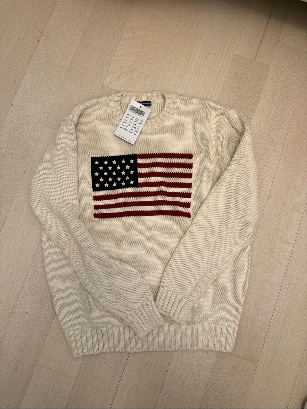 Brandy Melville Cream Crewneck Sweater with Flag Motif